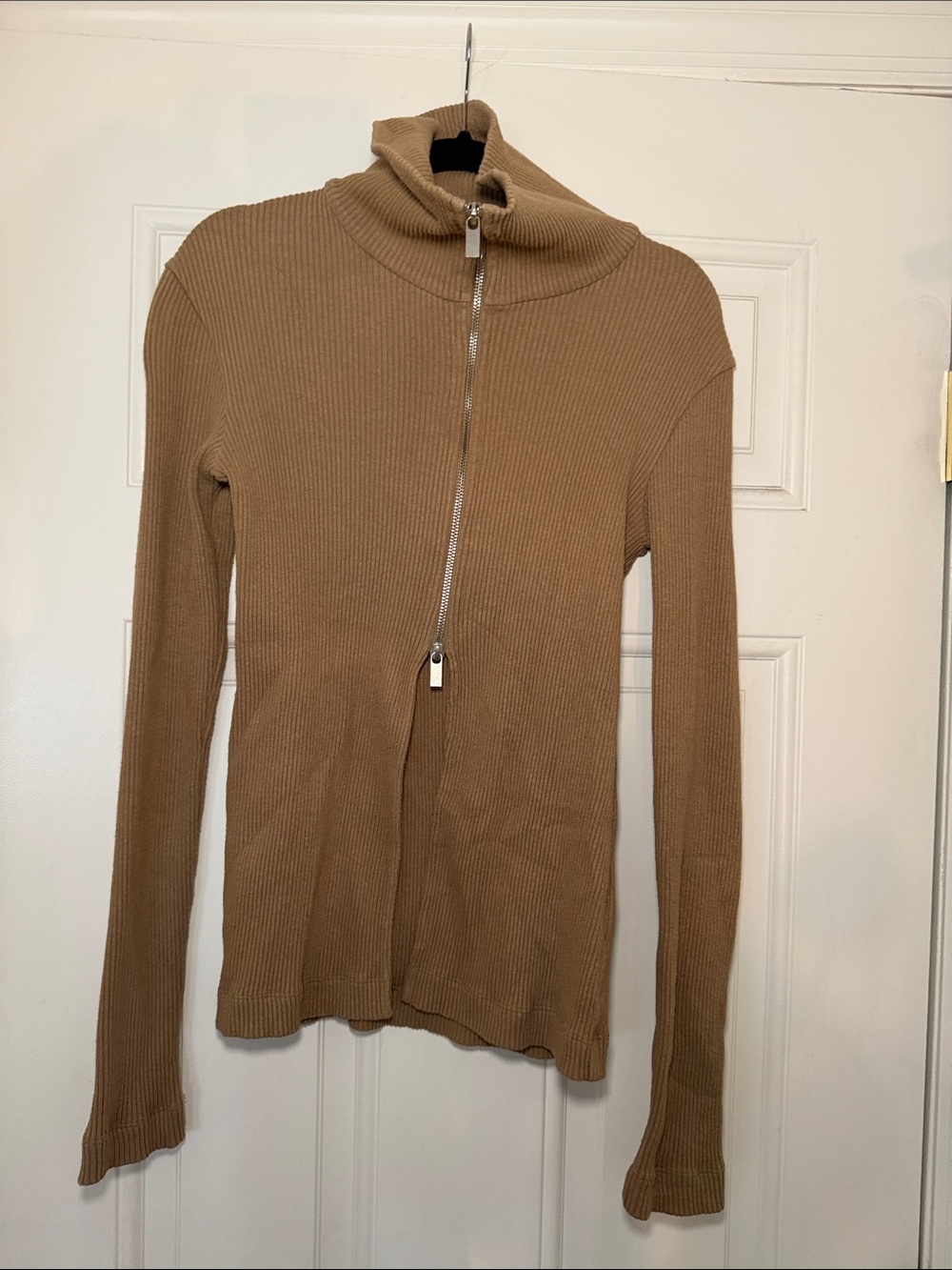 OAK + FORT Camel Ribbed Zip-Front Turtleneck